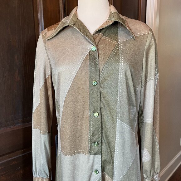 Vintage 70s Hostess Dress 100 Parkhouse Dallas Button Front Maxi Green M (est) - Picture 3 of 12